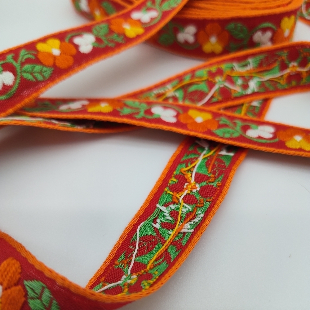 Vintage French Woven Floral Ribbon Red Orange Jacquard Two (2)Yards - Picture 3 of 5